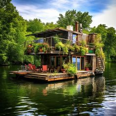 a houseboat is floating on the water with plants growing out of it's roof