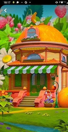 an animated house in the middle of a green field with flowers and plants around it