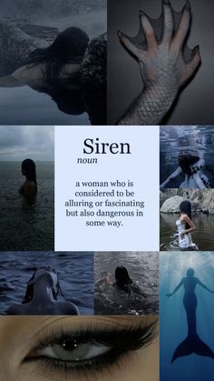 there is a collage of different images with the words siren above them and an image of a woman swimming in water