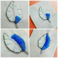 four pictures show how to make bead designs on fabric with scissors and needle tips