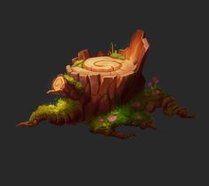 a tree stump with moss growing on it's sides and an animal in the center