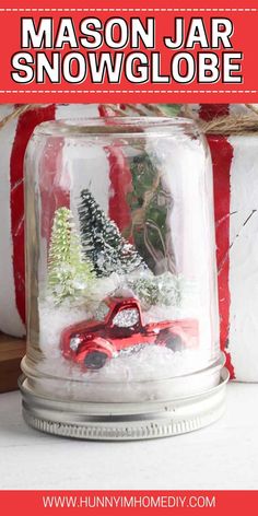 mason jar snowglbe with cars and trees in it