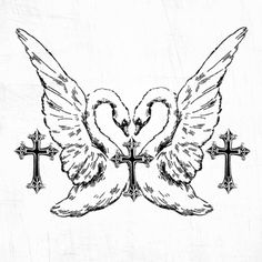 two swans with crosses on their backs in the shape of hearts and cross tattoo design