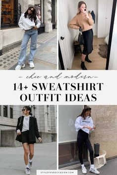 Looking for chic and modern sweatshirt outfit ideas? This list has it all; hoodie outfit ideas, layered looks, crewneck sweatshirt outfits, and oversized sweatshirt outfit ideas. You’ll love these street style aesthetic looks for women that can be worn in the winter, spring, summer, and fall. Over Sized Crewneck Outfit, Dress Up Crew Neck Sweatshirt, Women’s Sweatshirt Outfit, Styling A Hoodie Women, Dressing Up Sweatshirt, Elevated Sweatshirt Outfit, Styling Crew Neck Sweatshirts, Dress Up A Sweatshirt Outfit, Dressing Up A Sweatshirt