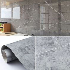 two pictures of marble walls and flooring