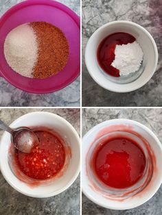 four pictures showing how to make homemade chili sauce