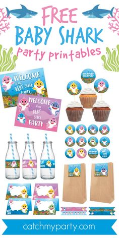 baby shark birthday party package with cupcakes, water bottle labels and other items