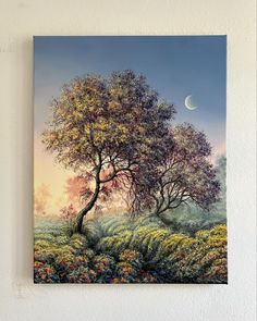 a painting of two trees in the middle of a field with a half moon above them