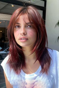 Woman with a shoulder-length fox cut featuring auburn tones and subtle highlights Layered Haircuts Straight, Shoulder Length Straight Hair, Pin Straight Hair, How To Have Style, Layered Hair With Bangs, Straight Hair Cuts, Shoulder Hair, Short Straight Hair