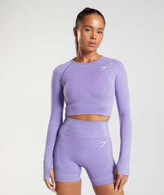 Gymshark Vital Seamless 2.0 Crop Top - Digital Violet Marl | Gymshark Gymshark Vital Seamless, Gymshark Women, Cropped Tops, Long Crop Top, Seamless Leggings, Time Out, Body Fit, Gym Outfit, Long Sleeve Crop Top