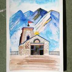 a drawing of a church with mountains in the backgroung and blue sky