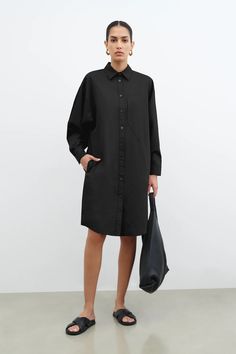 Black Cotton Button-Down Oxford Dress - Raphaela Shirtdress | Marcella Black Shirt Dress Outfit, Poplin Shirt Dress, Am To Pm, Shirt Dress Outfit, Button Shirt Dress, Oversized Shirt Dress, Her Cut, Minimalist Dresses, Fashion Capsule