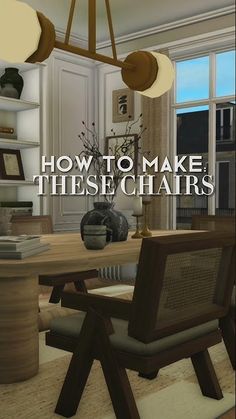 a chair sitting in front of a wooden table next to a book shelf filled with books