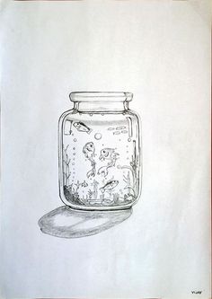 a drawing of a jar filled with water and fish