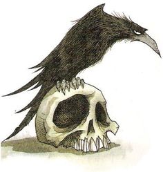 a drawing of a raven sitting on top of a skull with its beak open and it's head in the air