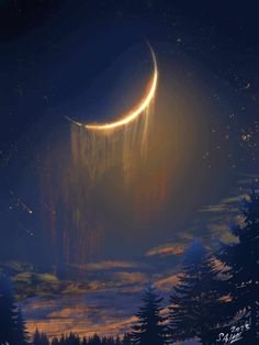 an artistic painting of a crescent in the night sky with stars and trees around it