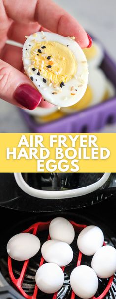 an egg fryer with hard boiled eggs in it and text overlay that reads, air fryer hard boiled eggs