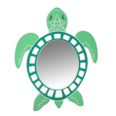 Large mirror has a green turtle design on the outer edges and is made from MDF. It measures 26"x.80"32" Silver Vanity, Gold Mirror Wall, Circle Mirror, Metal Frame Mirror, Green Turtle, Coastal Life, Turtle Design, Cloud Shapes, Dressing Mirror