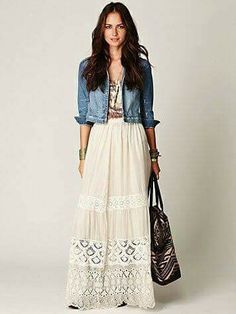 Look Hippie Chic, Moda Hippie, Look Boho Chic, Skirt Diy, Boho Mode, Boho Styl, Mode Hippie, Maxi Lace Skirt, Denim On Denim