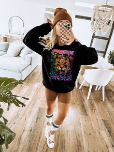 We use classic heavy cotton sweatshirts and softstyle tees that feature an oversized unisex fit. Stick TTS for a relaxed loose fit, size up for super oversized perfect with biker shorts or size down for a true feminine fit. I upsize to a 2x for a really slouchy oversized fit. You can also upsize 2-3 sizes for a dress look which is trending right now! These are HANDMADE in our warehouse. Please allow 7-10 business days to ship these as they are made to order. If you have other items in your order Urban Style Sweatshirt For Fall Concert, Urban Style Sweatshirt For Concert In Fall, Casual Hoodie Sweatshirt For Concert, Concert Graphic Print Hoodie Sweatshirt, Black Oversized 90s Sweatshirt, 90s Style Black Oversized Sweatshirt, Black Casual Sweatshirt For Concert, Casual Black Sweatshirt For Concert, Oversized Band Merch Hoodie With Crew Neck