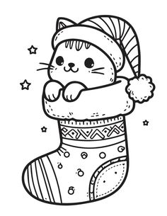 a black and white drawing of a cat in a christmas stocking