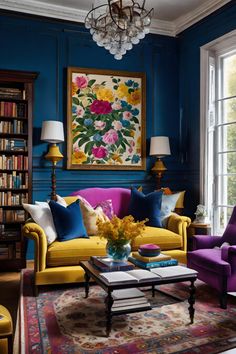 a living room with blue walls, yellow couches and purple chairs in front of a window