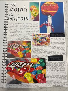 an open book with pictures of candy and candies on the pages, including images of lollipops