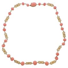 14k gold long necklace with coral beads, measuring from 9.7mm to 15.4mm. Necklace is 33" long . Marked: 14k. Weight - 100 grams. David Webb, Gold Long Necklace, Coral And Gold, Coral Beads, Tiffany & Co., Long Necklace, Onyx, Jade, Chain Necklace