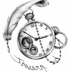 a drawing of an old pocket watch with a feather on it's side and the words present written in cursive writing