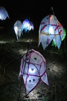 several kites are lit up in the dark