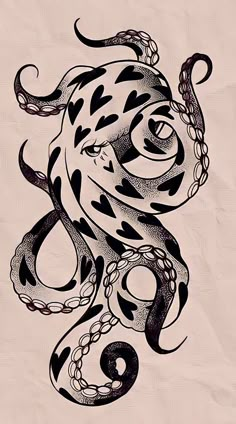 an octopus tattoo design is shown in black and white on a beige background with swirls