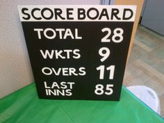 a scoreboard sign sitting on top of a green table