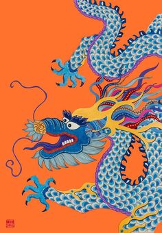 an orange background with a blue dragon on it's back and two smaller ones in the middle