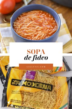 some pasta in a blue bowl on top of a wooden table with the words sopa de fielo above it