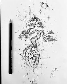 a pencil drawing of a tree on top of a piece of paper next to a pen