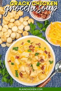 a bowl of chicken gnocchini soup on a blue tablecloth with other ingredients