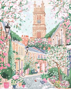 a painting of a clock tower in the middle of a city with lots of flowers