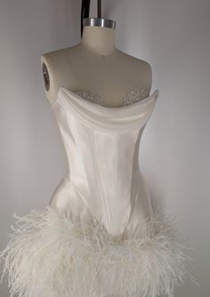 PRE-ORDER CUSTOM Bridal off White Pearl Silk Satin Draped Corset Ostrich Feathers Two Piece Top Mini Skirt Dress Wedding Reception - Etsy UK Corset Reception Wedding Dress, Cute White Birthday Outfits, White Silk Corset Dress, Feather Dress White, Reception Dress Feathers, Dresses With Corsets On Top, Draping Dress Ideas, Dress With Corset On Top, Birthday Dresses White