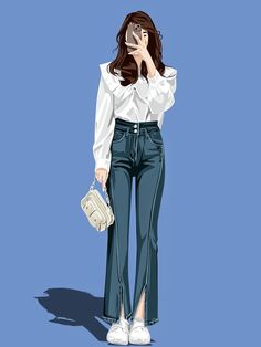 a woman in white shirt and jeans with handbag standing next to her face on blue background