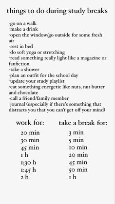 a poster with words and instructions on the back of it that say things to do during study breaks