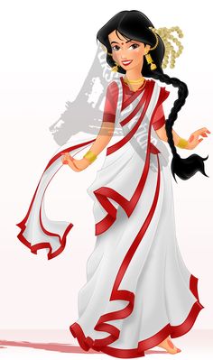 a woman in a white and red sari is holding a long black hair braid