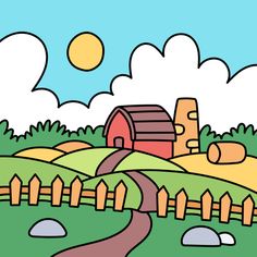 a drawing of a farm scene with a barn, road and clouds in the background