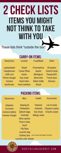 two check lists with the words, items you might not think to take with you