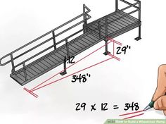 a hand holding a pen and pointing at the bottom of a ramp with stairs on it