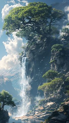 an artistic painting of a waterfall and trees on the side of a mountain with clouds in the sky