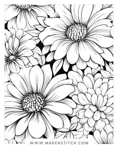 black and white flowers are shown in this coloring page for adults to color on their own