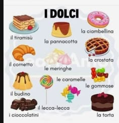 a poster with different types of food and words in spanish, including cakes, pies,