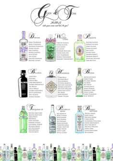 an advertisement for gin and tonic bottles with the names in english, french and spanish