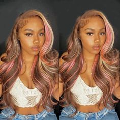 WIGGINS Pink Highlights In Brown Hair Body Wave Lace Closure/Frontal Wigs Brown Hair With Pink Highlights, Balayage On Brown Hair, Brown And Pink Hair, Pink Balayage, Body Wave Lace Front Wigs, Pink Blonde Hair, Color Rubio, Frontal Wig Hairstyles, Blonde With Pink