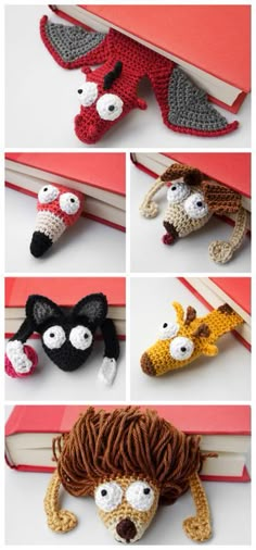 crocheted animal head covers are shown in different styles and sizes, including one with eyes